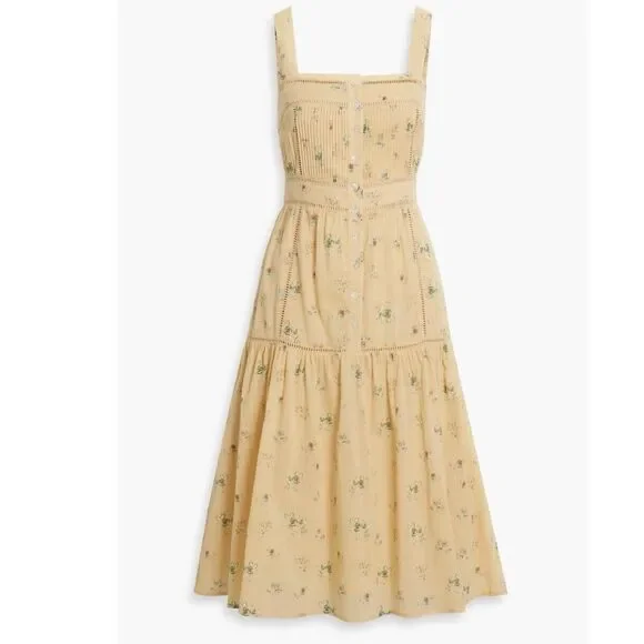 Joie Dress Sz 0 Yellow Floral Cotton Guaze Pintuck Button Front Cottagecore NWT - Picture 13 of 14